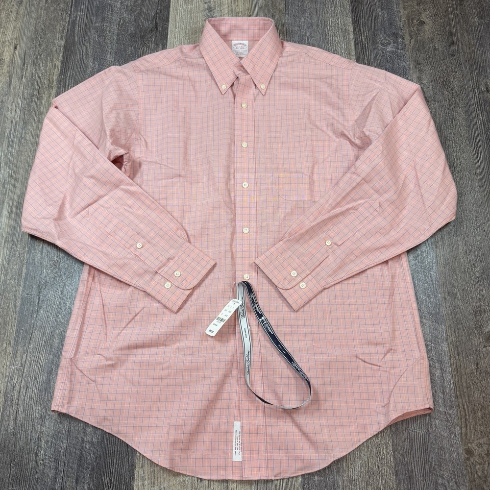Brooks Brothers Button Down Dress Shirt Pink Blue Check Non-Iron 15.5 34/35 NWT